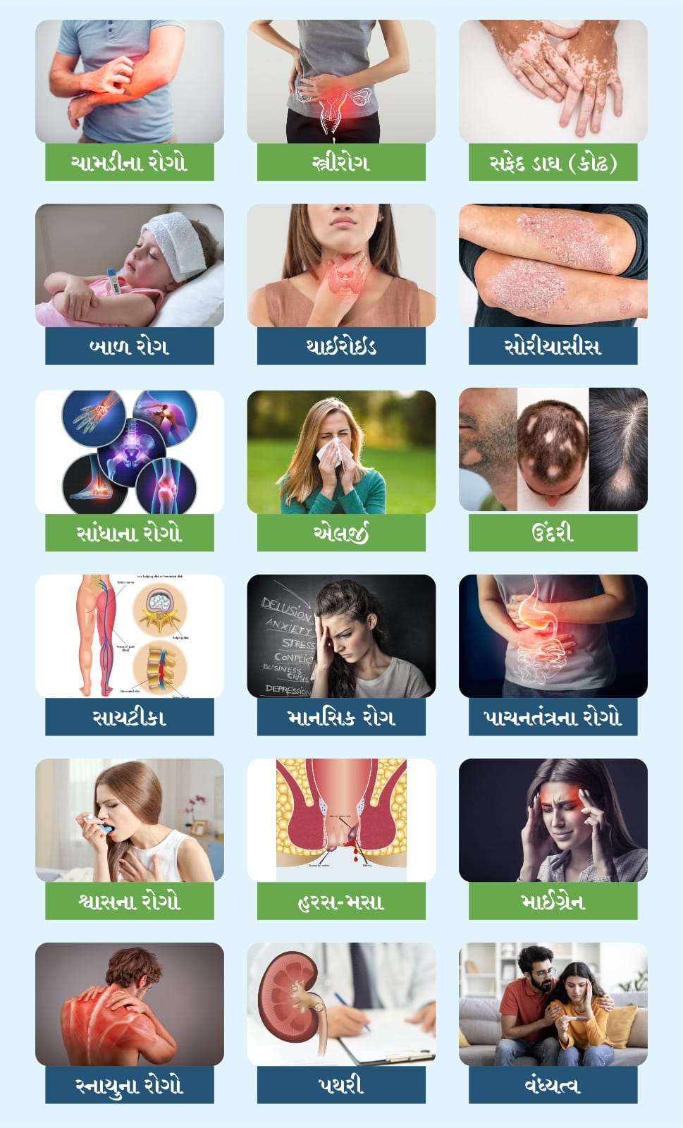 Treatment conditions - ચામડીના રોગો, સ્ત્રીરોગ, બાળ રોગ, થાઈરોઈડ, સોરીયાસીસ, સાંધાના રોગો, એલર્જી, માનસિક રોગ, પાચનતંત્રના રોગો, શ્વાસના રોગો, હરસ-મસા, માઈગ્રેન, સ્નાયુના રોગો, પથરી, વંધ્યત્વ